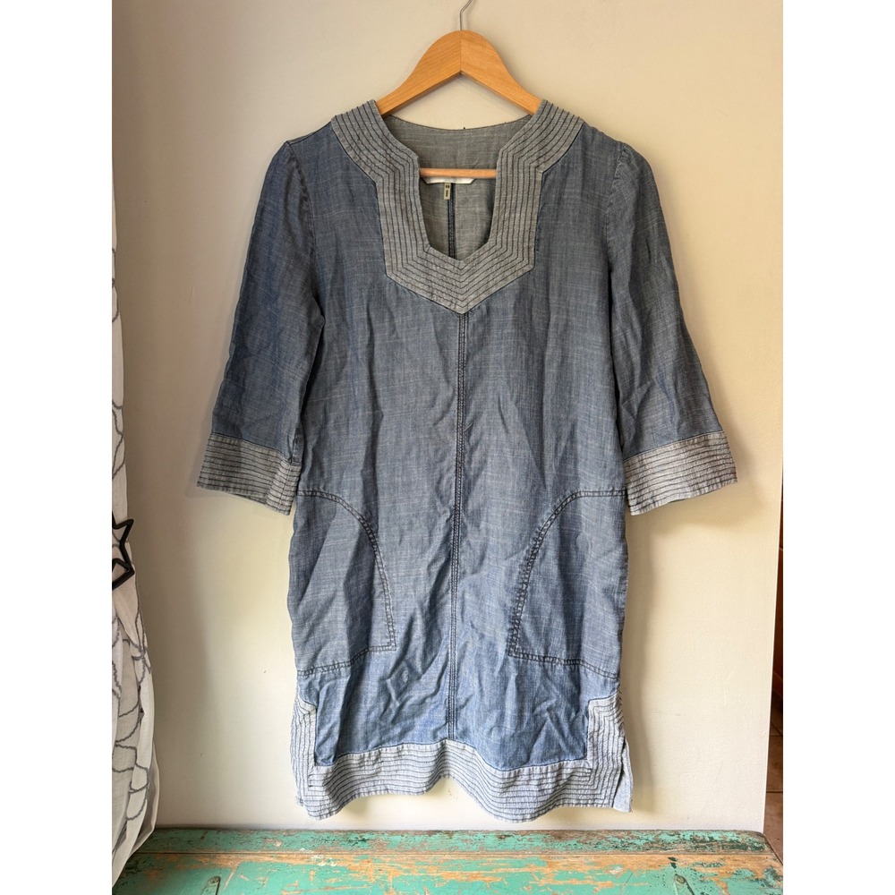 Trina Turk Shift Dress XS Blue Chambray Linen lyocell Blend Boho Pockets